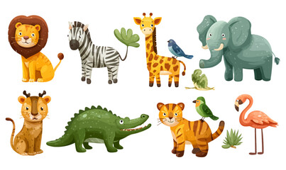 Naklejka premium A vibrant illustration of assorted African wildlife, featuring a lion, zebra, giraffe, elephant, and others