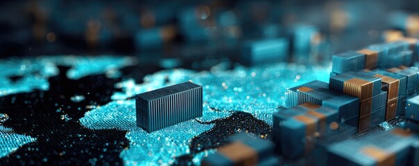 A digital rendering of cargo containers arranged on a glowing, pixelated surface. Blue and gold colors prevail