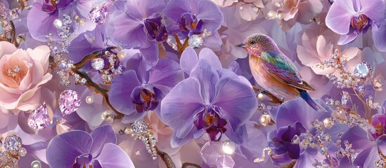 A vibrant, iridescent bird perches amidst a profusion of lavender orchids and blush roses, adorned with sparkling gems and pearls, creating a dreamy, jewel-toned floral scene