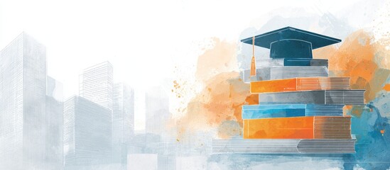 Watercolor illustration featuring a graduation cap atop a stack of books, cityscape background