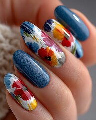 Contemporary grey manicure with floral decorations high resolution picture