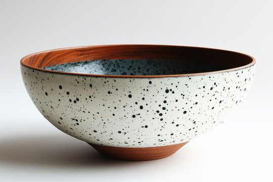 White and black bowl with wooden rim.
