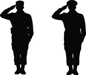 Two military silhouettes saluting in uniform, black vector figures showing respect, discipline, patriotism, formal posture, service honor, symbolic gesture.