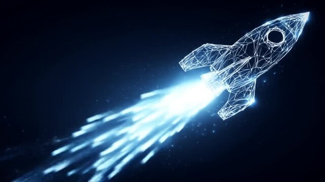 Glowing wireframe rocket blasting off into space with trails of light against dark background