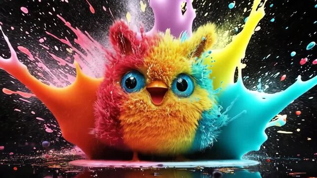 Brightly colored furry creature surrounded by vibrant splashes of paint in an imaginative setting at night