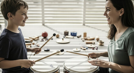 A young boy joyfully engages in a music therapy session with his teacher, learning rhythm and coordination by playing drums together