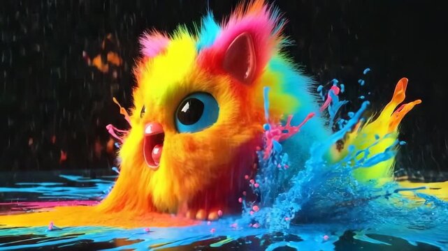 Brightly colored furry creature surrounded by vibrant splashes of paint in an imaginative setting at night