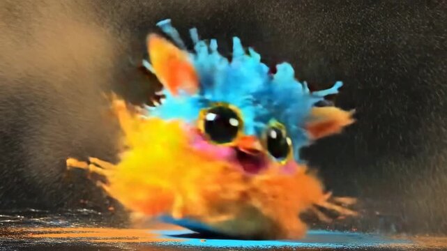 Brightly colored furry creature surrounded by vibrant splashes of paint in an imaginative setting at night