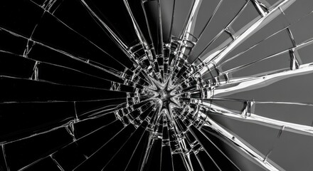 Shattered Glass Effect Radial Breakage with Jagged Fragments in Black and White