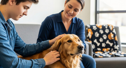 A loving Caucasian mother and her teenage son share a heartwarming moment, affectionately petting their beautiful golden retriever dog on a sofa at home