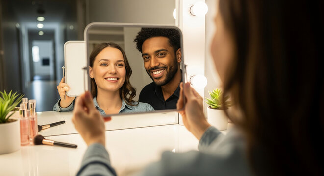 A beautiful multiethnic couple sharing a happy and intimate moment, their joyful smiles perfectly reflected in a makeup mirror backstage