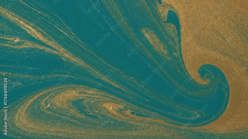 Poster seamlessly looping video of flowing liquid marble texture in vibrant teal and gold, creating an orga