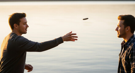 Two male friends enjoying a moment of leisure and bonding, skipping stones across a tranquil lake during a beautiful golden sunset