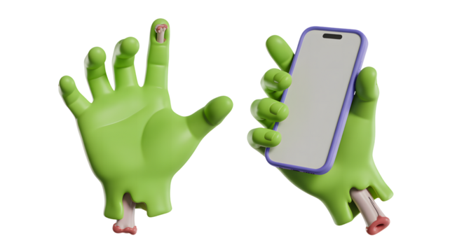 Two green zombie hands one holding a smartphone isolated on transparent background