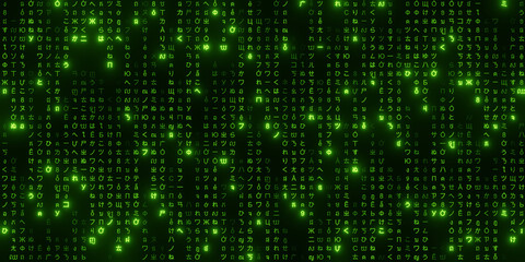 Obraz premium Futuristic green digital rain pattern on dark background, matrix-style cyber code concept for technology and programming themes. 3D rendering. 