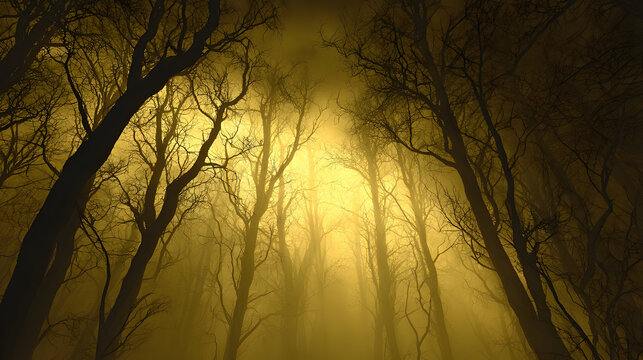 Mysterious enchanted forest with tall twisted trees and bare branches at golden twilight