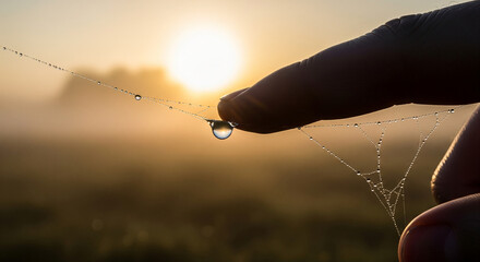 A gentle human touch on a delicate spiderweb, with a single dewdrop reflecting the beautiful golden morning sunrise over a misty field