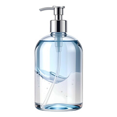 Fototapeta premium Clear, liquid soap dispenser with a silver pump. Transparent bottle with blue liquid