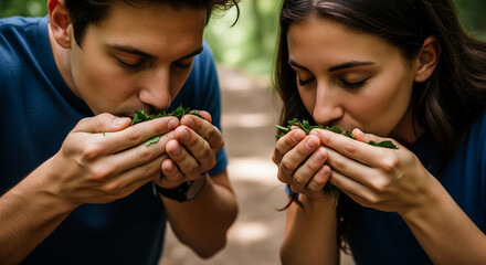 A young couple in a lush green forest deeply inhaling the fresh, earthy aroma from a handful of wild herbs, connecting with nature's essence