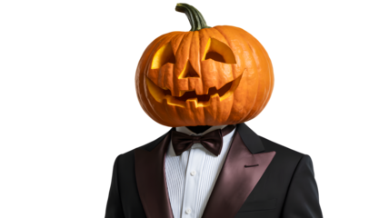 Man with jack o lantern head wearing a tuxedo isolated on transparent background