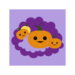 Three cute cartoon pumpkins with happy faces smiling together on a purple cloud background for halloween celebrations