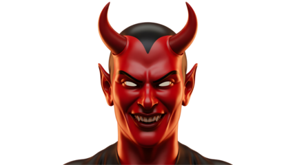 Scary red devil face with horns isolated on transparent background