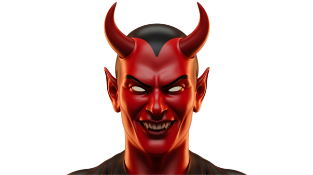 Scary red devil face with horns isolated on transparent background