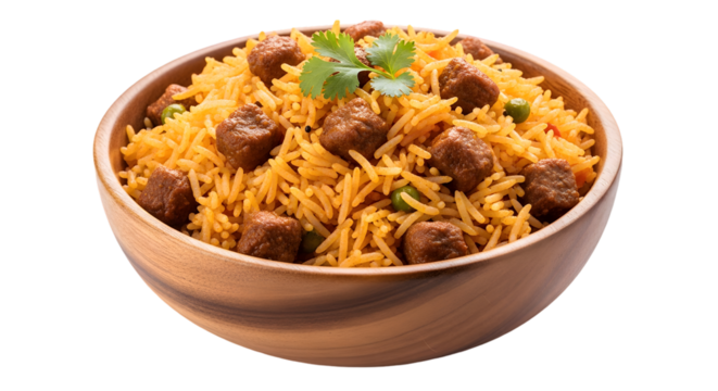 Bowl of Savory Rice with Meat and Peas pilaf biryani