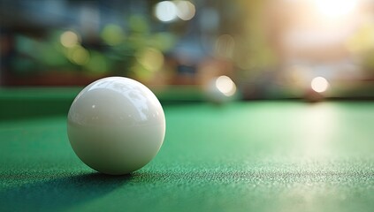 Focus on a white cue ball on a green pool table, other balls and a blurred green backdrop
