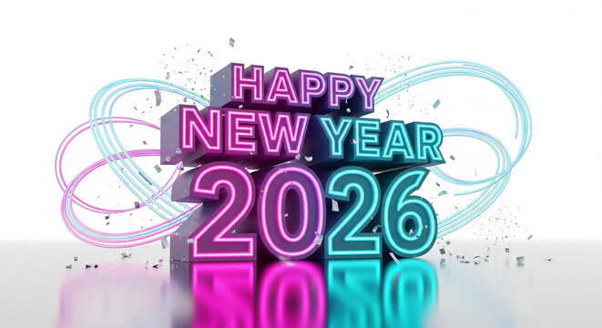 Vibrant 3D rendering for a Happy New Year 2026 celebration concept, featuring glowing pink and blue neon typography with light trails on a reflective white background - Powered by Adobe