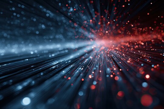 Abstract digital art depicting beams of light radiating from a focal point, split into blue and red