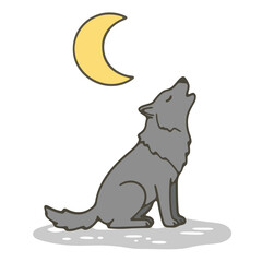 Illustration of a gray wolf howling at a crescent moon in a simple cartoon style drawing on white background