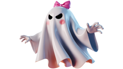 Cute ghost with pink bow isolated on transparent background