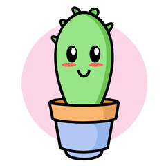 Illustration of a cartoon cactus with a smiling face in a blue pot against a pink circle background