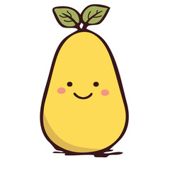 Illustration of a cute yellow pear with a smiling face and green leaves on a white background art