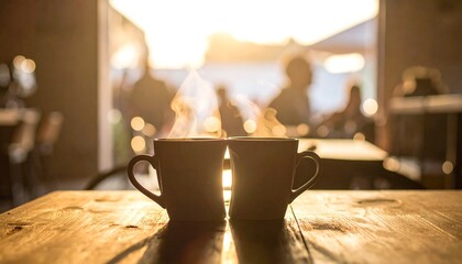 Cozy coffee break with steaming mugs on wooden table, perfect for inspiring relaxation and connection in your lifestyle or business content