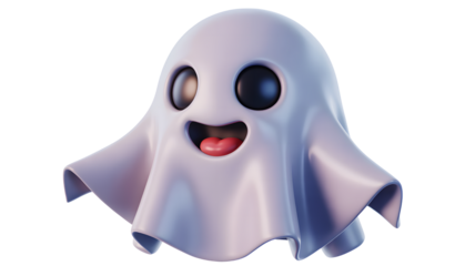 Cute cartoon ghost character with happy expression isolated on transparent background