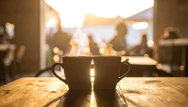 Cozy coffee break with steaming mugs on wooden table, perfect for inspiring relaxation and connection in your lifestyle or business content