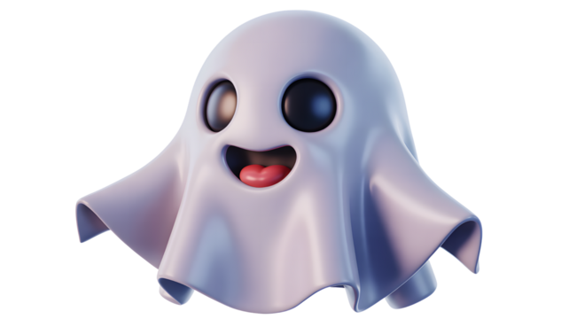 Cute cartoon ghost character with happy expression isolated on transparent background