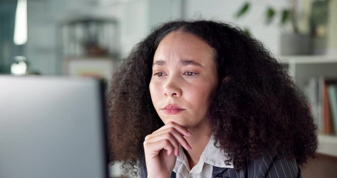 Think, reading and business woman on computer, planning or review insurance policy in office. Technology, problem solving and broker with idea in workplace, insight and serious decision for claims