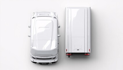 Overhead view of a white rv and a white truck on a white background