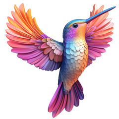 Obraz premium A vibrant hummingbird with rainbow plumage, isolated on transparent background, its wings outstretched in midflight, showcasing a blend of colors and intricate feather details