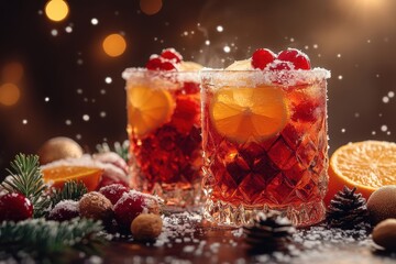 glasses of Christmas cocktail with orange and red garnish.