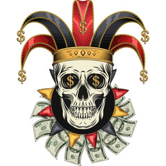 Fototapeta premium Joker, jester skull in harlequin hat with golden dollar signs. Under skull is frill, jabot made with 100 US dollar bills and carnival pennants