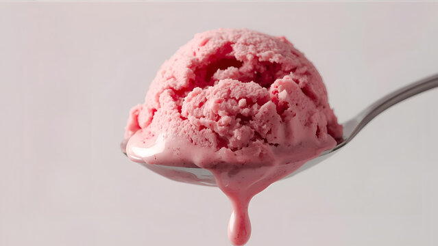 Raspberry ice cream on a silver spoon on white background, ai