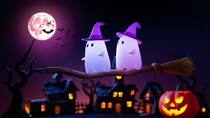 Two glowing halloween ghosts wearing witch hats ride a broomstick under a spooky full moon