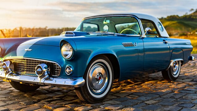Classic blue ford thunderbird convertible gleaming under a warm sunset sky