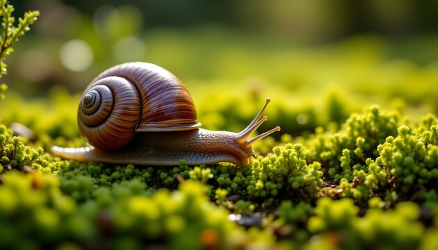 The close up shot captures the intricate spiral shell of the snail glistening in the sunlight, as it gracefully glides over the vibrant green moss, its body leaving a trail of moisture behind.