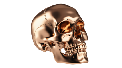 Shiny copper skull facing left isolated on transparent background