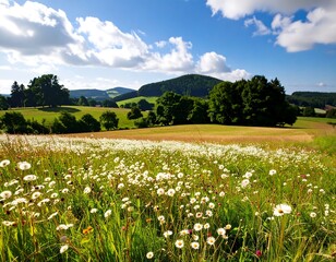 Wide shot of a meadow filled with wildflowers, rolling hills, and a partly cloudy sky